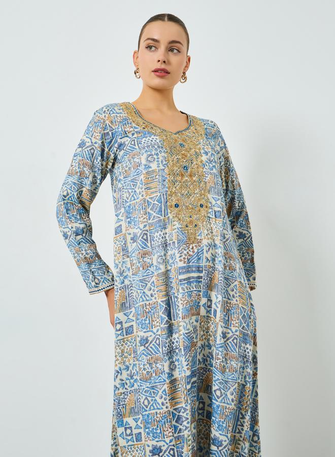 Maxim Creation Blue Printed Embroidered A-Line Jalabiya - Image 1